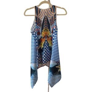 Clover Canyon Abstract Blue Checkered Red Roses Asymmetrical Top Lightweight - S